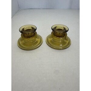 Federal Madrid Amber Candle Sticker Holder Pair Mid Century Depression Glass